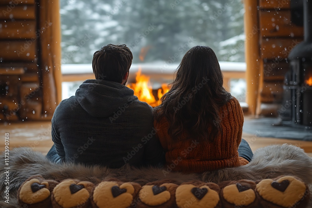 Fototapeta premium Couple relaxing by fireplace in cabin.