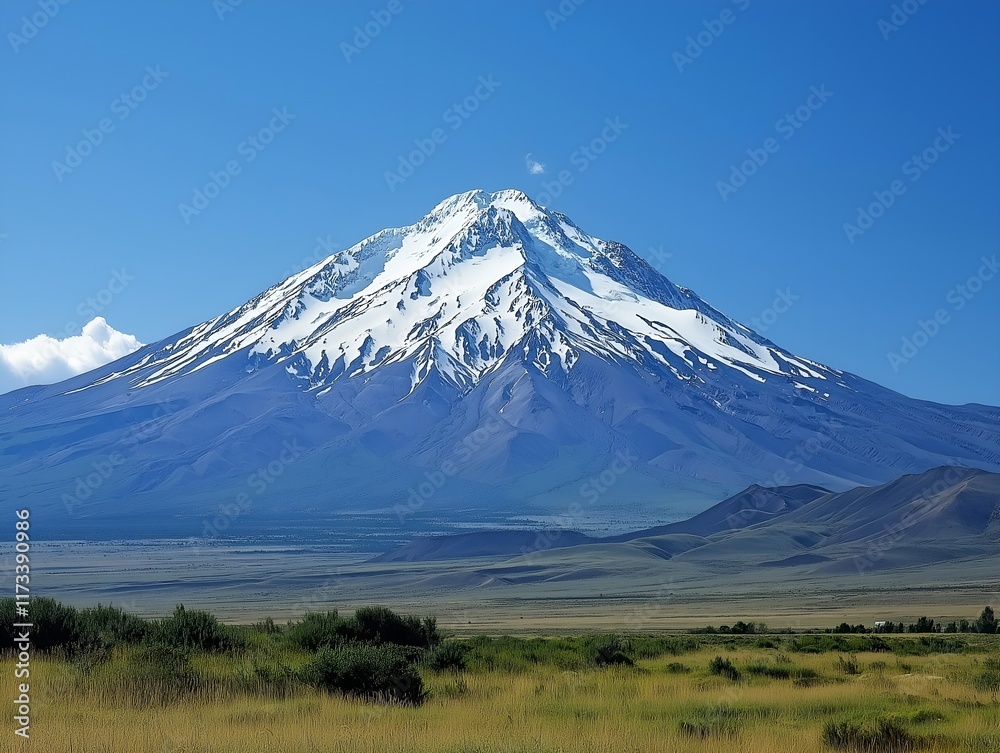 snow-covered mountain overlooking a grassy plain snow-covered mountain overlooking a grassy plain
