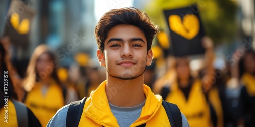 A young man wearing a yellow hoodie stands among a spirited parade, surrounded by people holding flags, capturing the vibrancy and energy of the gathering.