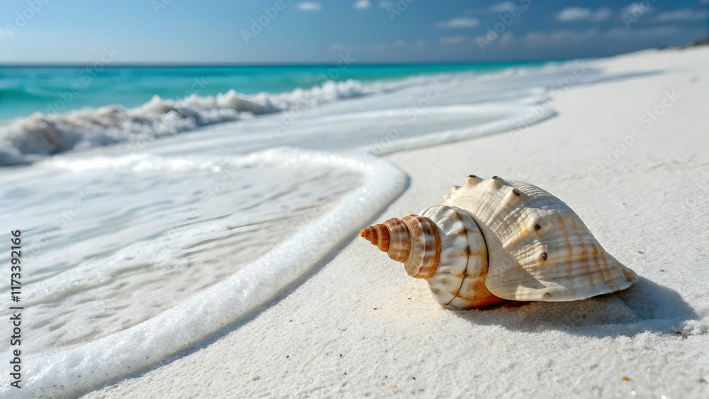 Beautiful seashell on sandy beach with gentle ocean waves Beautiful seashell on sandy beach with gentle ocean waves