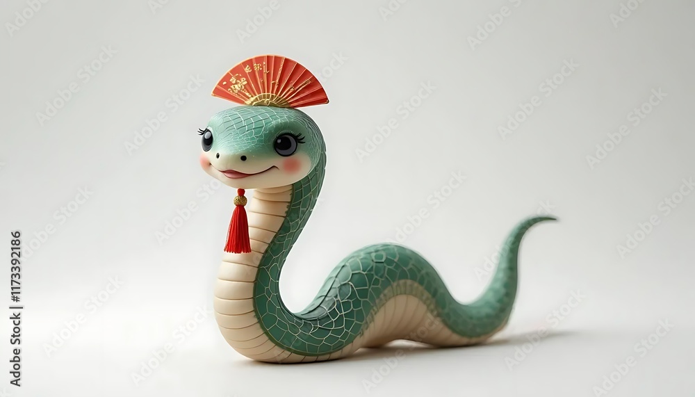Fototapeta premium Adorable Green Snake Figurine with Red Fan
