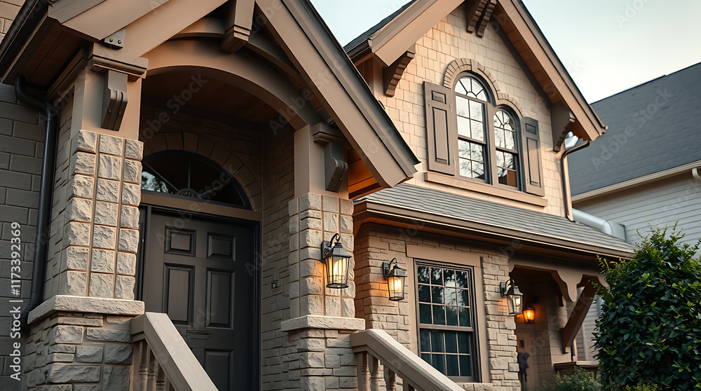 Two adjacent houses, Craftsman style, with stone and wood exteriors. One shows a front entrance with a stone porch and dark brown door. Both houses feature multiple windows and exterior lighting. Two adjacent houses, Craftsman style, with stone and wood exteriors. One shows a front entrance with a stone porch and dark brown door. Both houses feature multiple windows and exterior lighting.