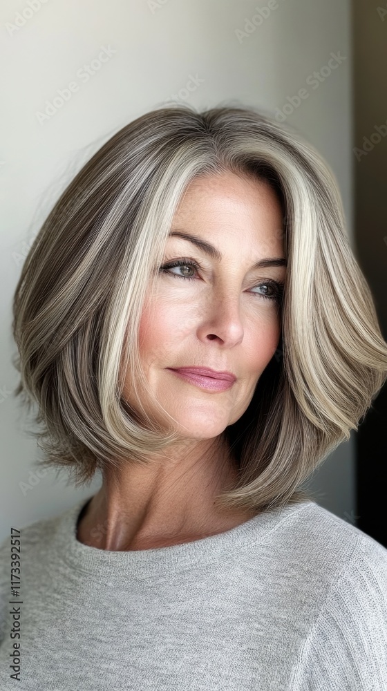 Naklejka premium Mature woman showcasing trendy layered hairstyle with soft highlights in natural lighting at home