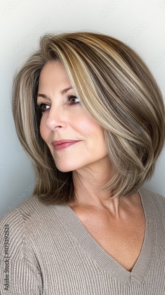 Woman with stylish balayage hairstyle and natural makeup poses gracefully, showcasing her features and fashion in a neutral-toned sweater against a light background Woman with stylish balayage hairstyle and natural makeup poses gracefully, showcasing her features and fashion in a neutral-toned sweater against a light background