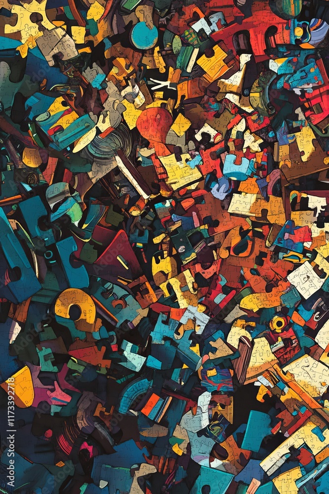 Obraz premium A vibrant collection of jigsaw puzzle pieces in various colors and shapes, creating an abstract and chaotic visual.