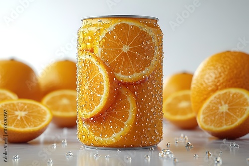 Refreshing orange drink can, condensation, citrus slices. photo