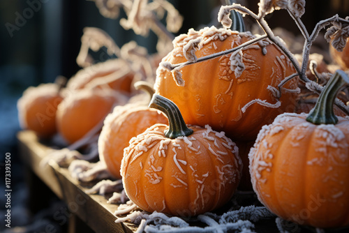 frost on pumpkin showcases a striking juxtaposition between frozen decorations, pumpkin's vivid orange hue, and seamless fusion of autumn and winter photo