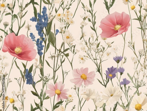 Colorful floral pattern featuring various wildflowers set against a soft background, perfect for spring and summer decoration