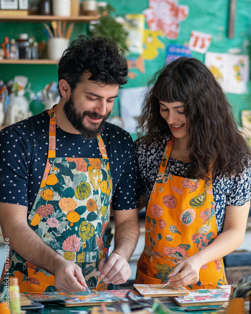 Fototapeta premium Couple enjoying creativity while crafting in a colorful studio