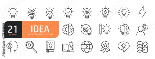 Set of line icons related to Idea, innovation, light bulb, creativity, inspiration, brainstorm, intelligence, thinking ,mind and more. Outline icons collection. Editable stroke. Vector illustration.