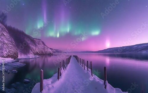 Snowy pier, aurora borealis over calm lake at night. photo