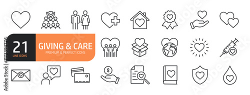 Set of line icons related to Giving & Care, philanthropic, almsgiving, helping those in need, donation, contribution, humanism and more. Outline icons collection. Editable stroke. Vector illustration.