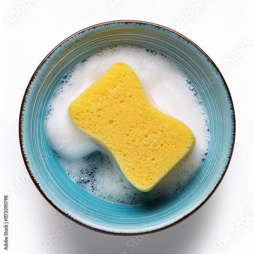 A vibrant sponge soaking in soapy water within a blue bowl.