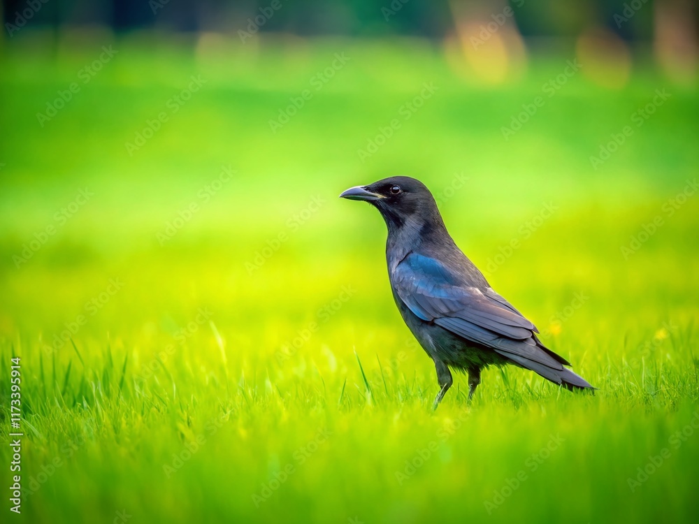 Minimalist Crow on Green Grass - Simple Nature Photography Minimalist Crow on Green Grass - Simple Nature Photography
