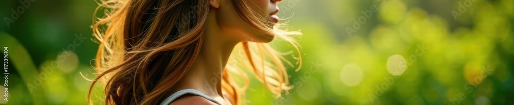 Naklejka premium Close-up of hair gently rustling in the wind amidst lush greenery, nature, rustle, green landscape