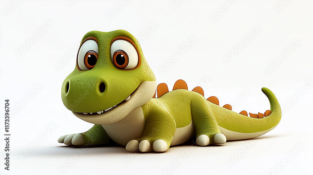 Fototapeta premium A charming cartoon dinosaur character with bright eyes and playful features, perfect for children's media.