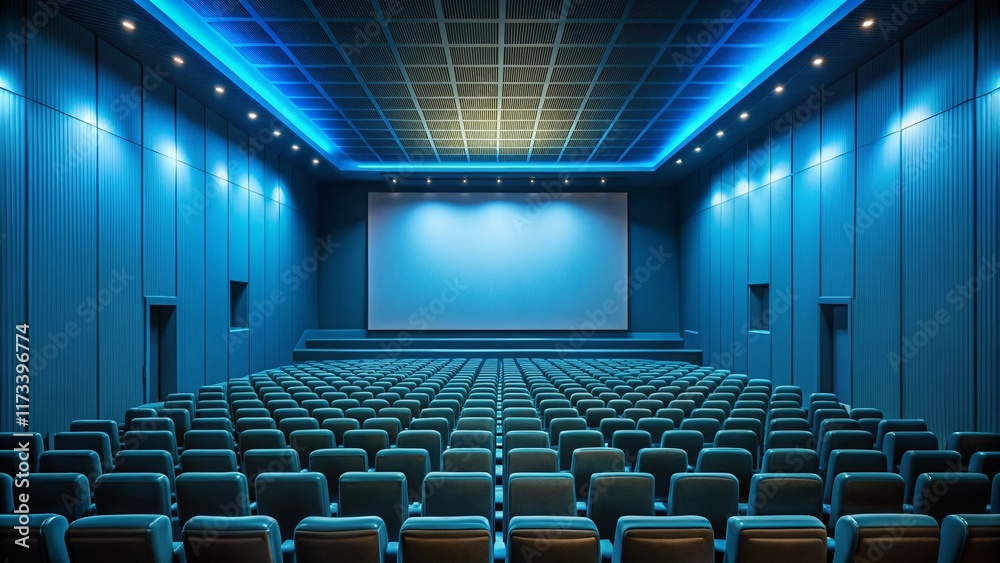 Naklejka premium Minimalist Empty Cinema: Blue Seats, Open Screen, Cinematic Background