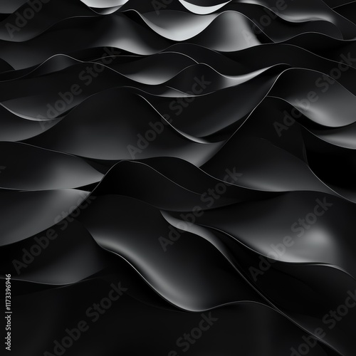 Abstract black metallic waves forming a sleek and modern background with smooth curves and reflective surfaces.
