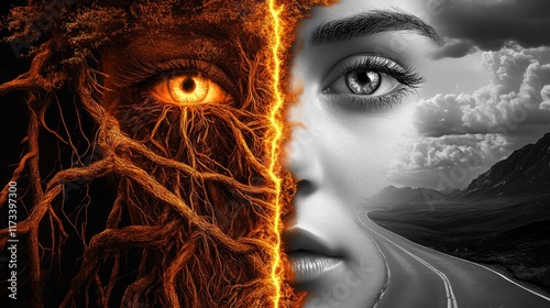 A captivating digital artwork showing the dichotomy of nature and human elements, emphasizing the contrast between organic and artificial worlds in artistic expression.