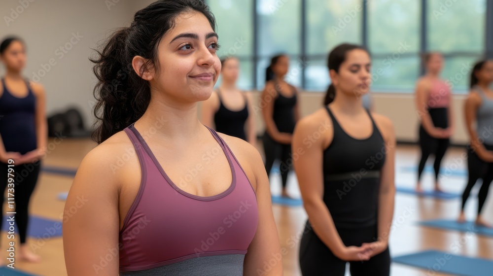 A yoga instructor guides a serene group session in a tranquil studio, inspiring calm and focus among diverse participants practicing mindful poses. A yoga instructor guides a serene group session in a tranquil studio, inspiring calm and focus among diverse participants practicing mindful poses.