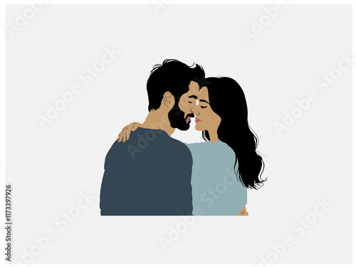 A premium vector showcasing a loving couple standing together as the man embraces his girlfriend. The image radiates warmth and affection, symbolizing love and connection. 