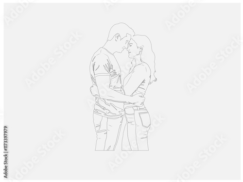 A premium vector showcasing a loving couple standing together as the man embraces his girlfriend. The image radiates warmth and affection, symbolizing love and connection. 