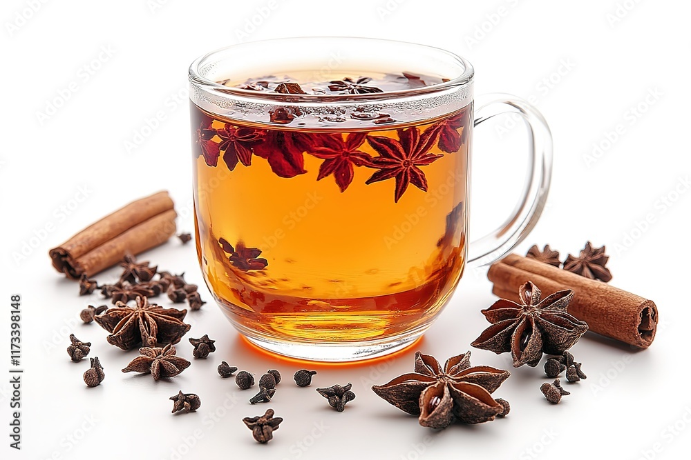 Warm spiced tea in a glass mug, surrounded by cinnamon sticks and star anise. Warm spiced tea in a glass mug, surrounded by cinnamon sticks and star anise.