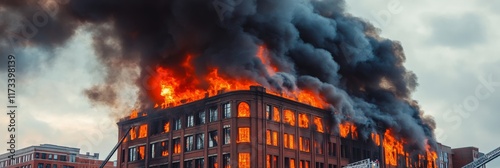 Intense flames and thick smoke engulf a burning building during a devastating fire disaster, highlighting the destructive power of fire and the urgent need for fire safety measures photo