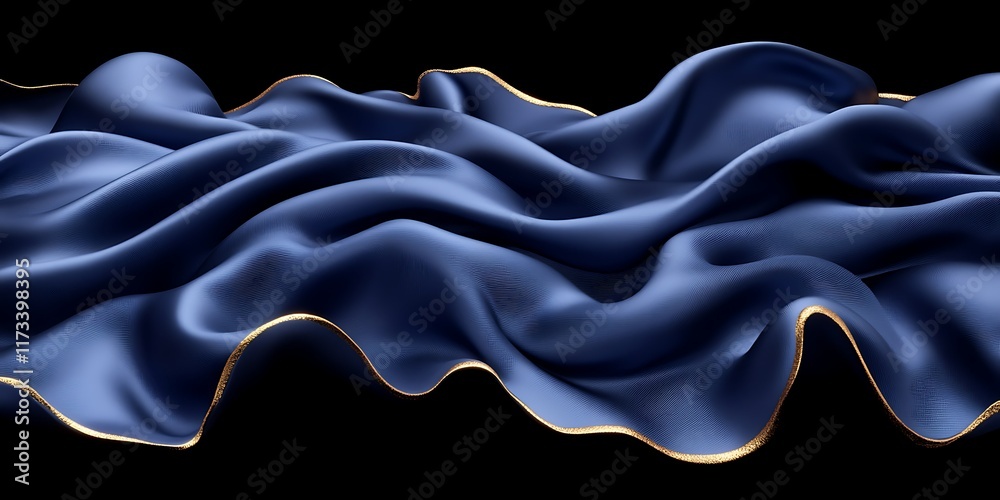 Fototapeta premium Flowing blue fabric with gold trim on black background.