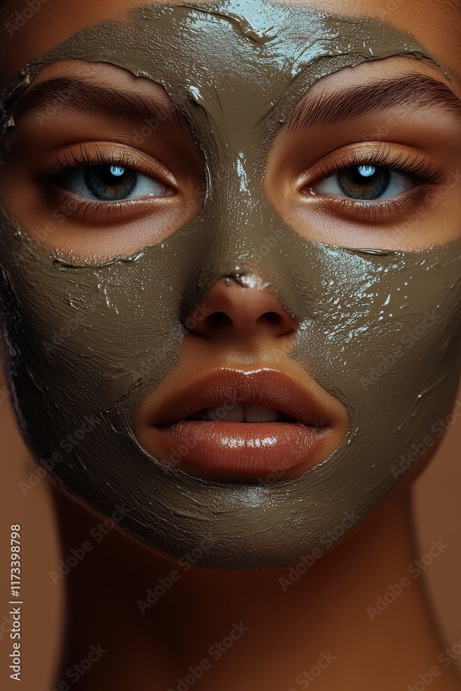 Fototapeta premium Woman applying a clay face mask while relaxing in a warm ambient light during a self-care routine at home