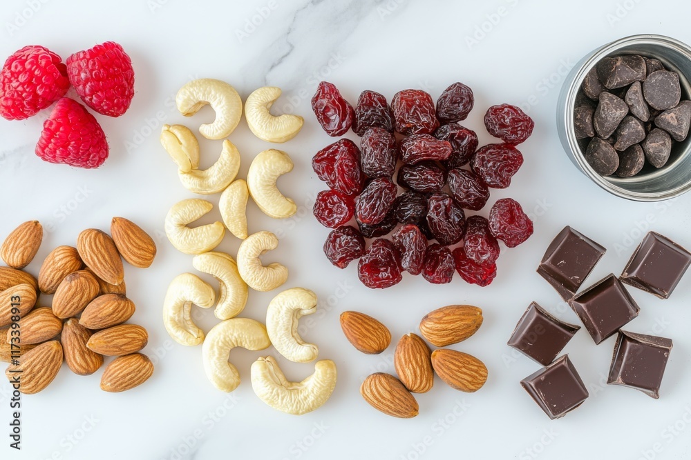 Obraz premium A neatly arranged selection of nuts including almonds and cashews, with dried fruits and chocolate chips, displayed on a smooth white marble surface for snacking.