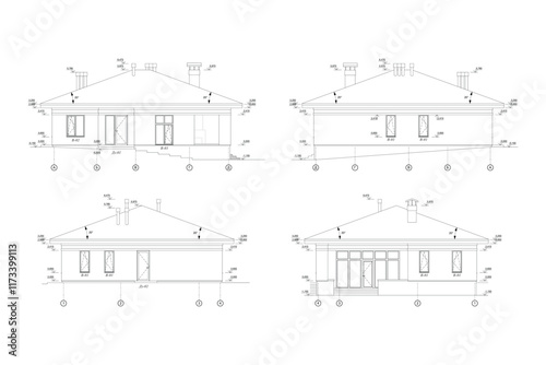 Architectural one story house cross section blueprints and drawings