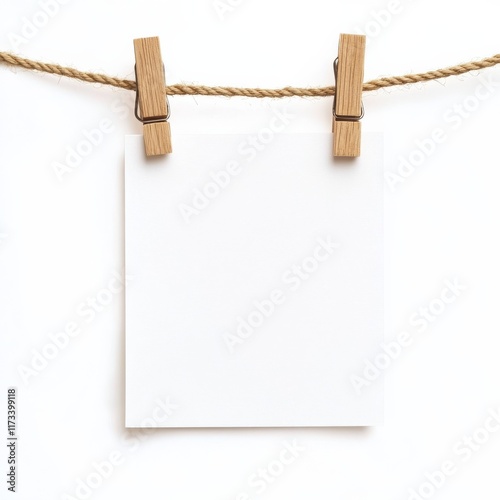A blank white paper held by a wooden clothespin on a rope, symbolizing a display or announcement