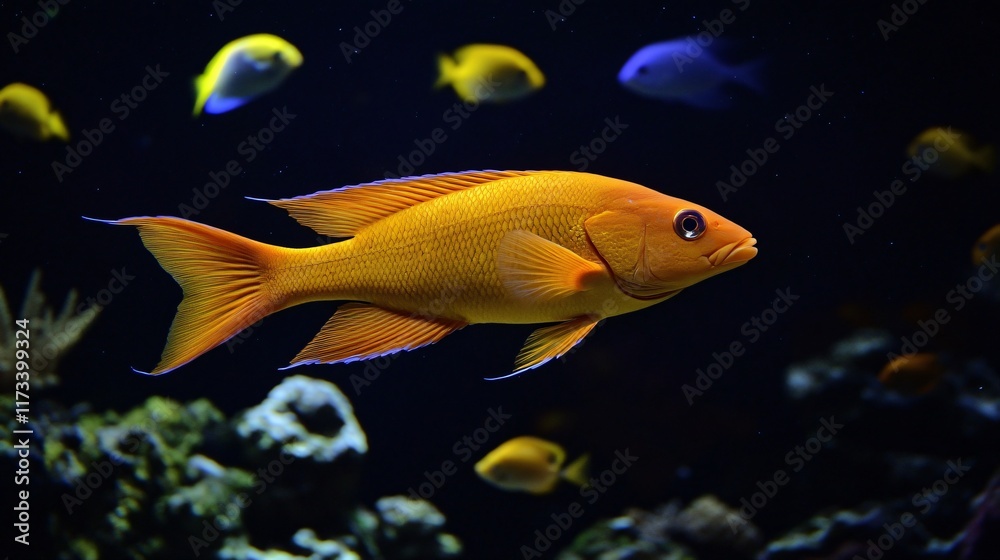 Vibrant Orange Fish in Dark Aquarium, Underwater Scene Vibrant Orange Fish in Dark Aquarium, Underwater Scene