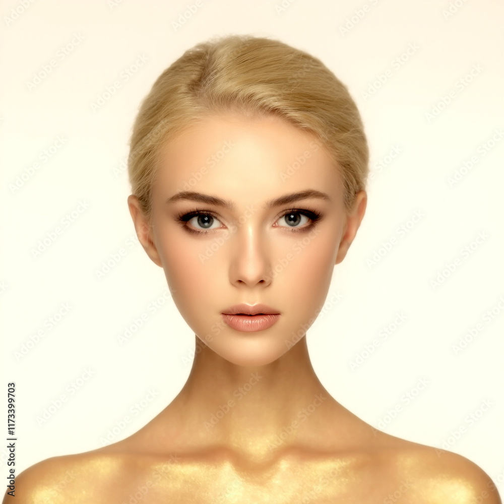 Captivating beauty with golden highlights in a minimalist setting Captivating beauty with golden highlights in a minimalist setting