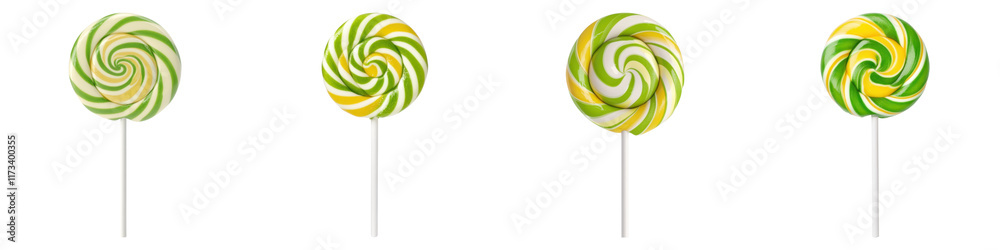 Colorful green and yellow swirled lollipops on white sticks, delightful treats Colorful green and yellow swirled lollipops on white sticks, delightful treats