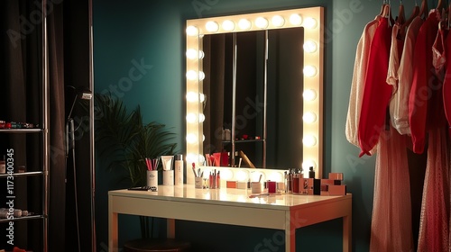Stylish room with dressing table, mirror and wardrobe rack