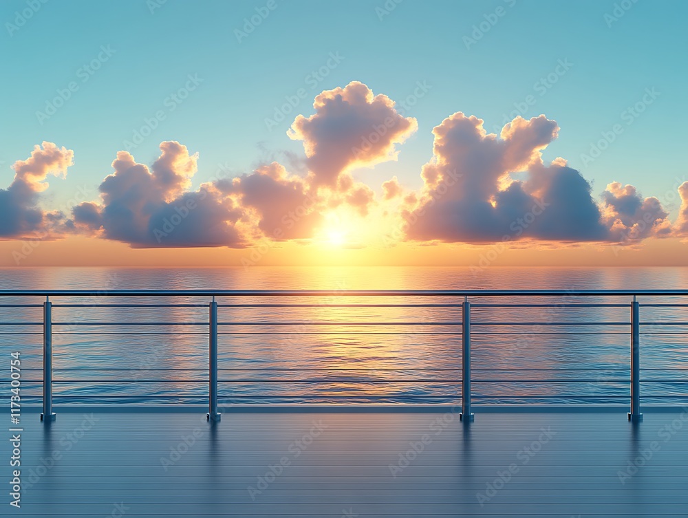 Fototapeta premium Sunset ocean view from a deck with railing.