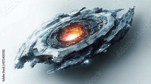 A detailed sci-fi illustration of a futuristic spacecraft with a glowing core, showcasing advanced alien technology in deep space.