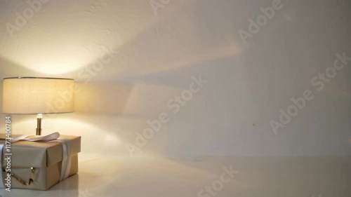 Serene Gift Under Warm Lamplight: Minimalist Home Decor,  A beautifully wrapped gift sits serenely under a warm lamp, casting soft light