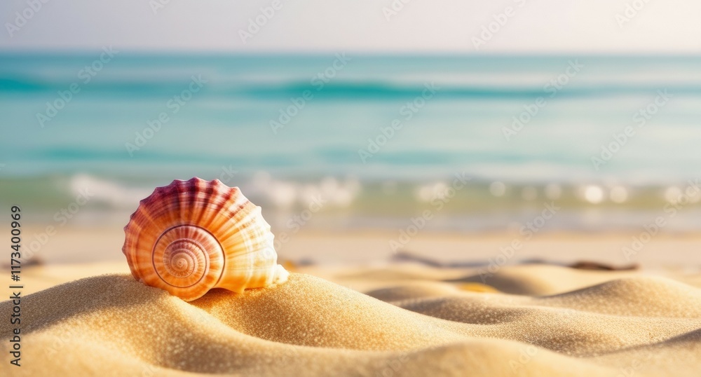 Summer sea background with colorful seashell on the smooth golden sand of a serene beach, with gentle waves lapping at the shore beneath a warm sky. Summer sea background with colorful seashell on the smooth golden sand of a serene beach, with gentle waves lapping at the shore beneath a warm sky.