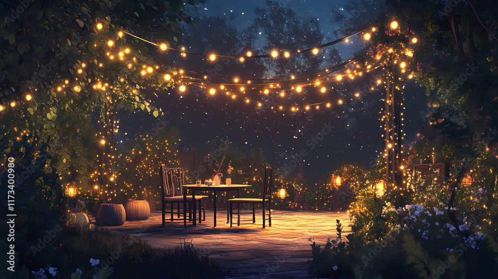 Illuminate your outdoor space as dusk falls for a magical ambiance. Nightfall. Illustration Illuminate your outdoor space as dusk falls for a magical ambiance. Nightfall. Illustration
