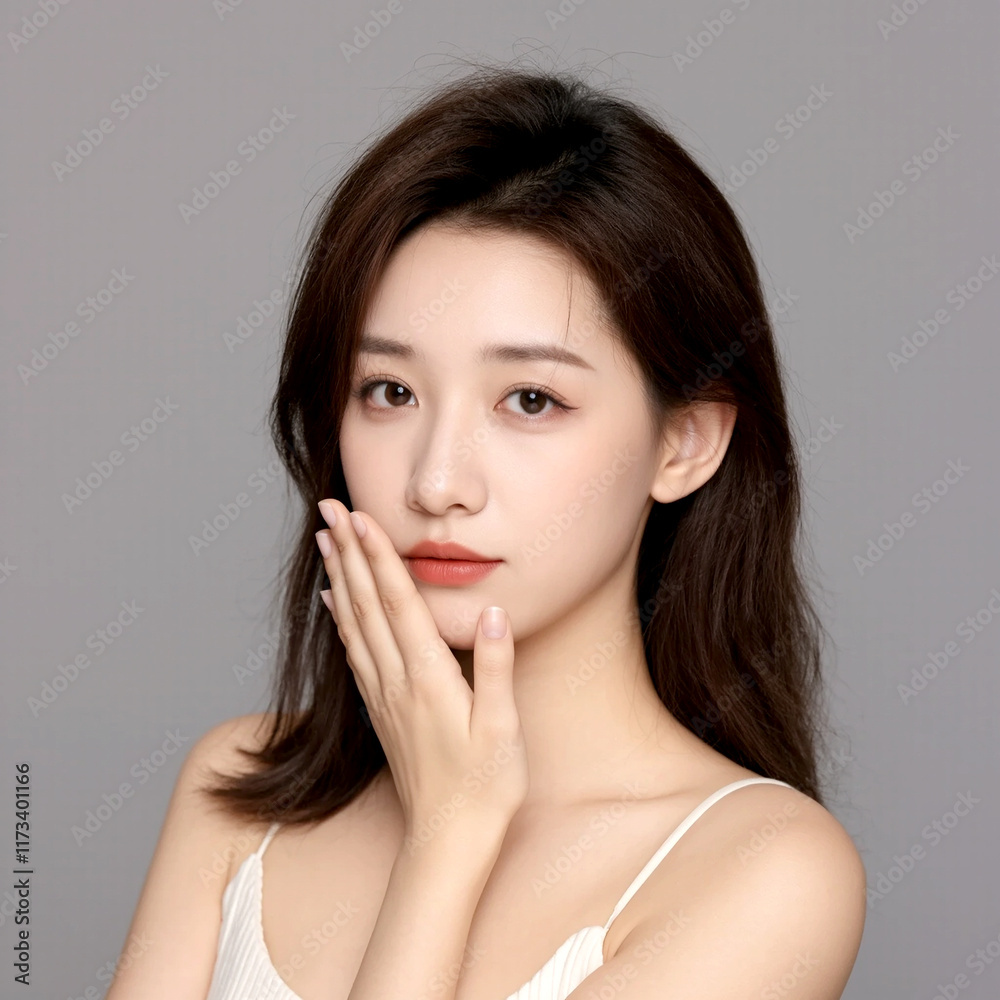 Fototapeta premium Portrait of a serene young woman with soft expression and elegant pose