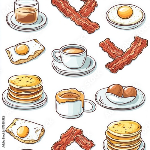 seamless pattern showcases delightful variety breakfast items including pancakes eggs bacon and coffee cups arranged harmoniously white background pastel colors