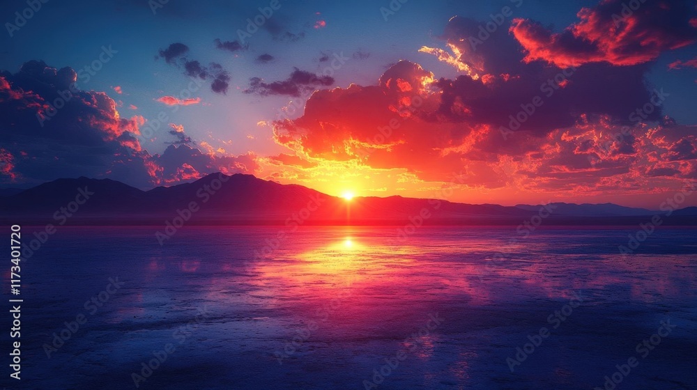 Fototapeta premium Vibrant sunset over calm lake with mountain silhouette reflection.