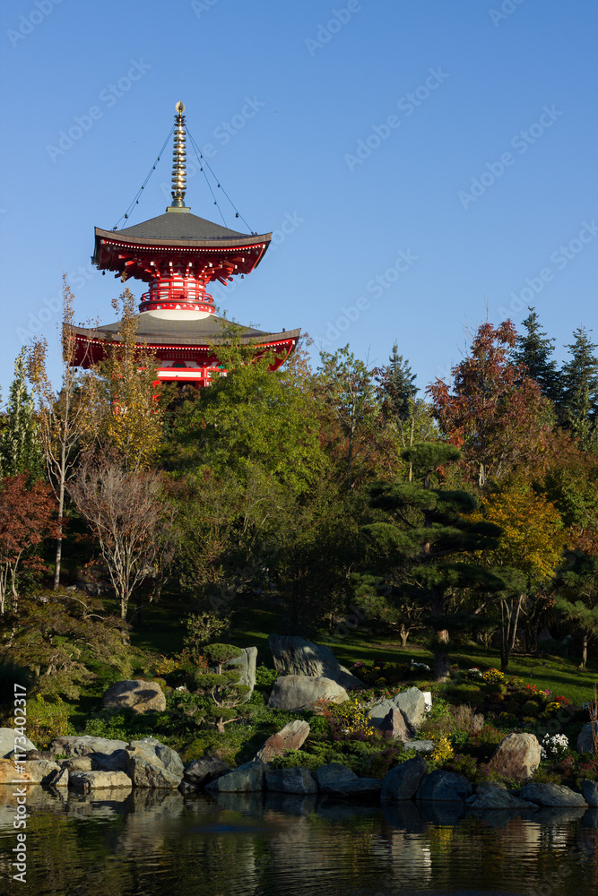 Red Temple in a Beautiful Japanese Garden Red Temple in a Beautiful Japanese Garden