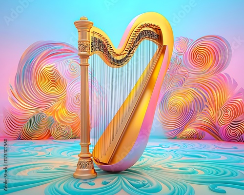 Glowing Pastel Harp Surrounded by Colorful Swirls Celebrating Dwynwen’s Day in Wales with Whimsical Design and Vibrant Background photo