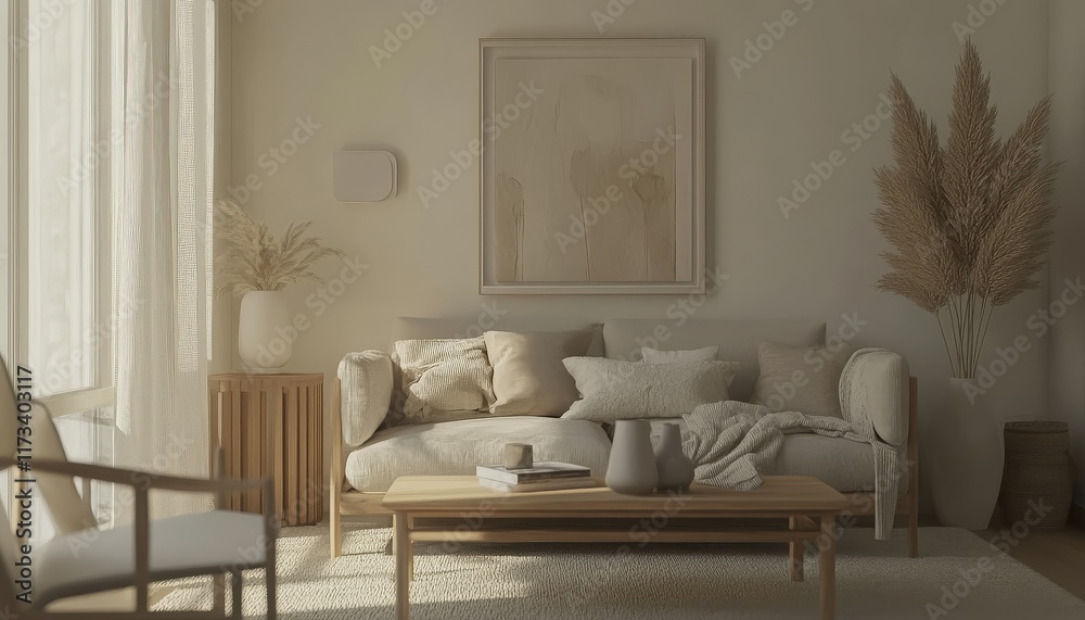 Fototapeta premium Serene Minimalist Living Room Interior Design Neutral Tones Cozy Sofa