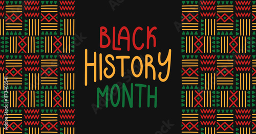 Black history month simple banner. Ethnic pattern with lettering. African-American Independence Day Background. Holiday template for card, poster. Vector flat illustration.