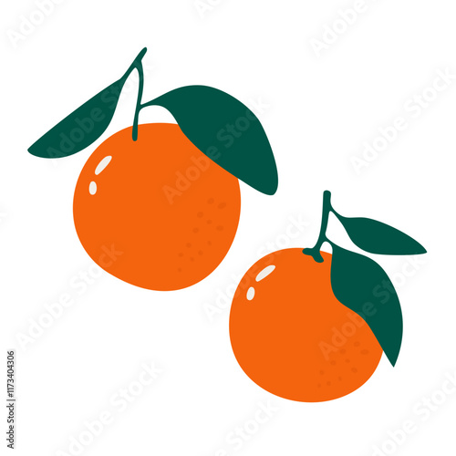 Orange mandarin tangerine fruit with leaves flat vector set